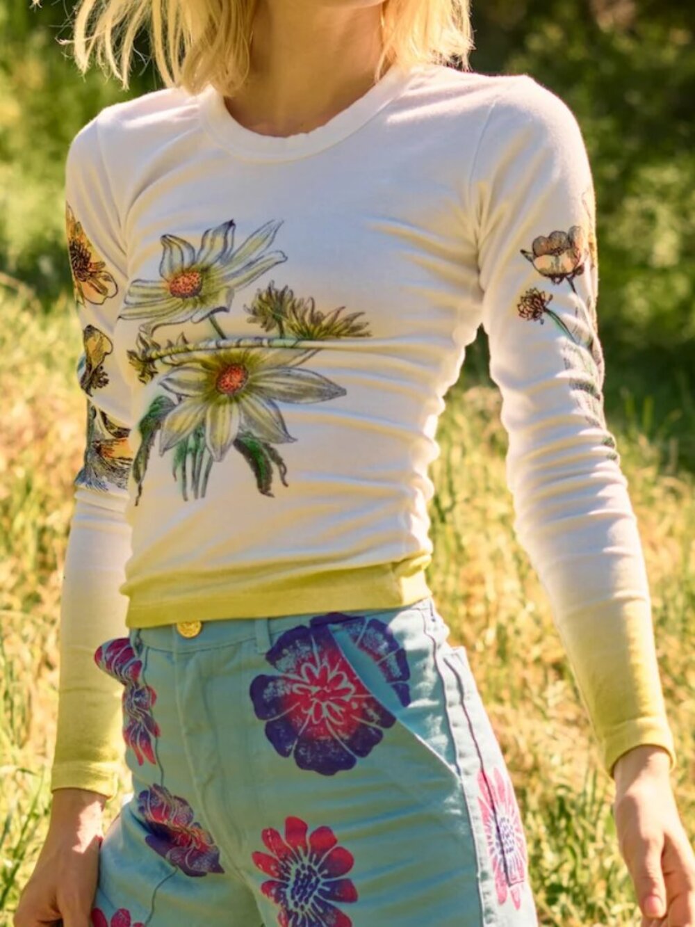 Big Bud Press Floral Long Sleeve Baby Tee - Yellow - L